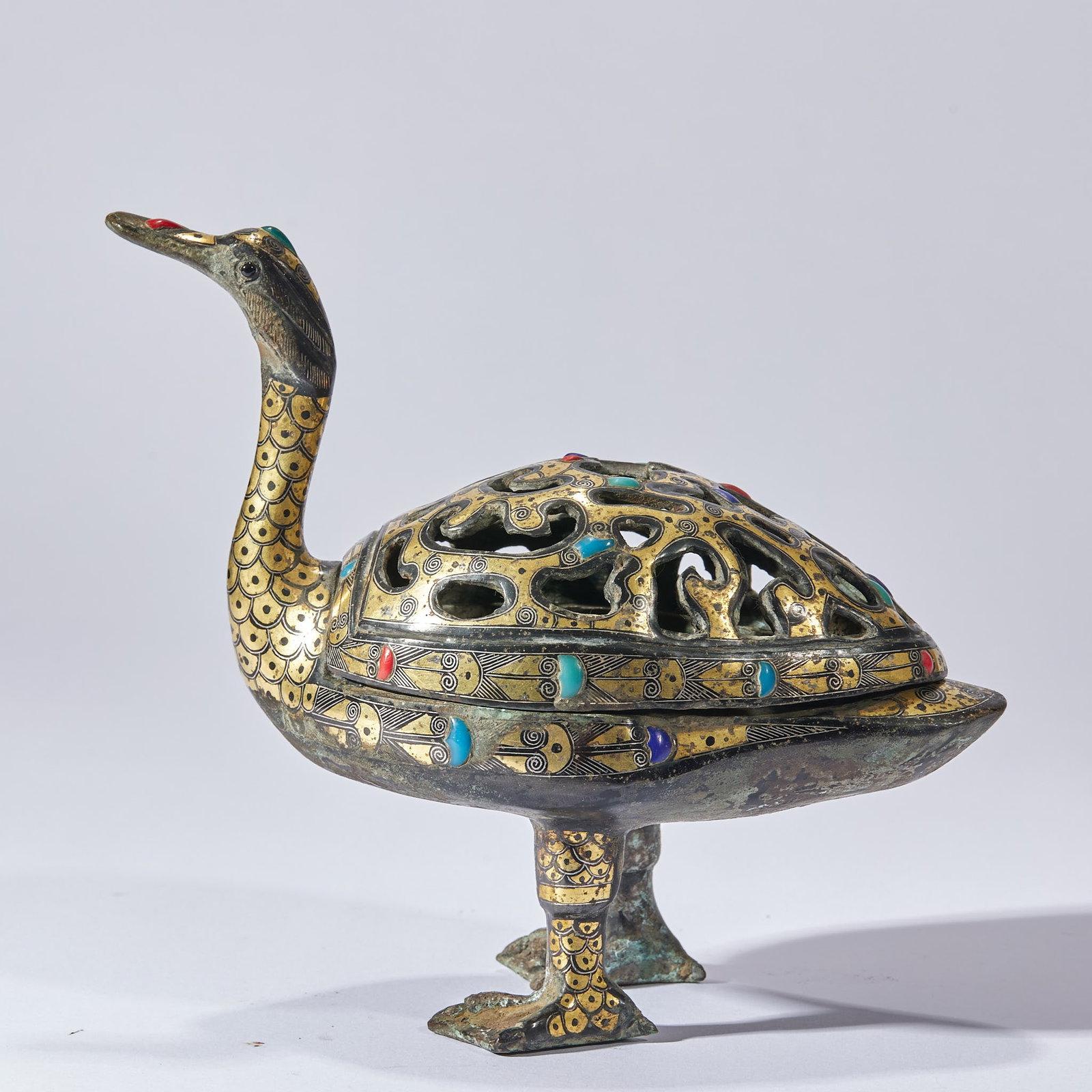 Pre-Ming Gold and Silver Inlaid Gemstone Duck Incense Burner: Pre-Ming Gem-inlaid Duck Incense Burner, H14.5cm L17.5cm W8.5cm, Weight 856g