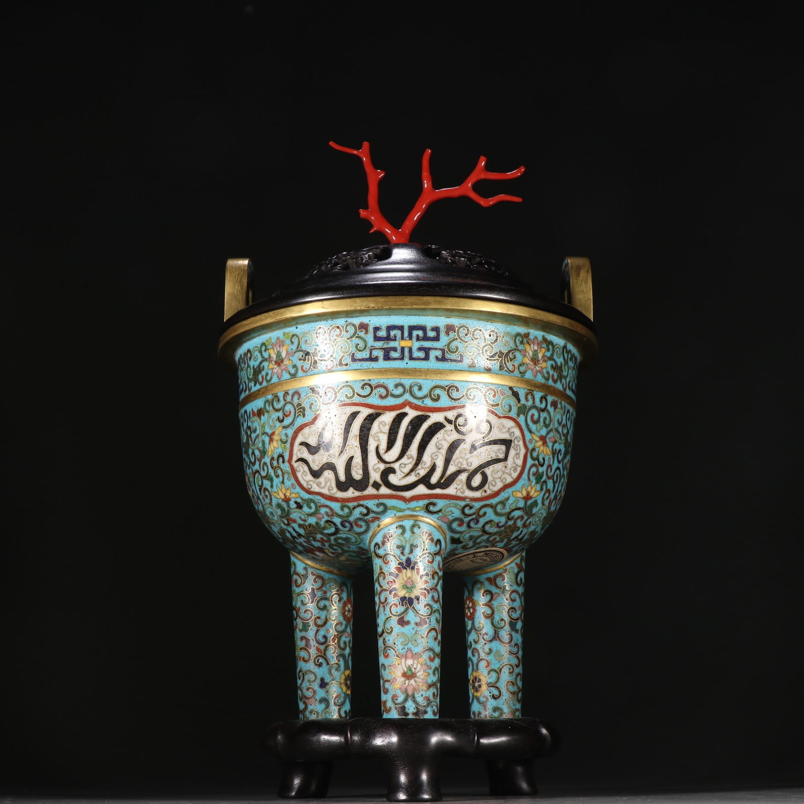 Qing Gilt Bronze Cloisonne Arabesque Three-Foot Incense Burner: Qianlong Gilt Cloisonne Arabic Three-foot Censer, H27.8cm W15.8cm, Weight 1760.2g