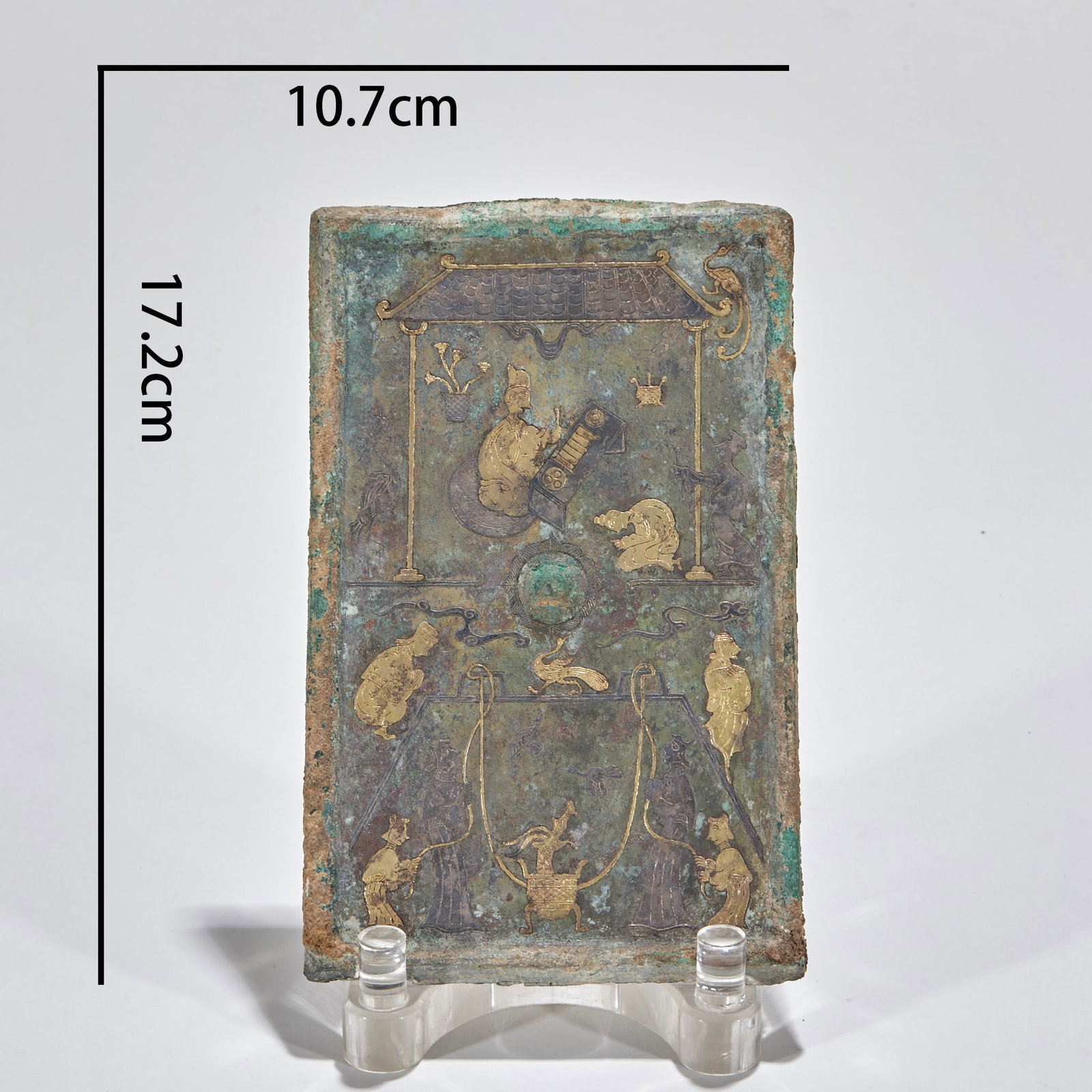 Pre-Ming Gold and Silver Inlaid Figure Story Bronze Mirror: Pre-Ming Figure Story Bronze Mirror, L17.2cm W10.7cm