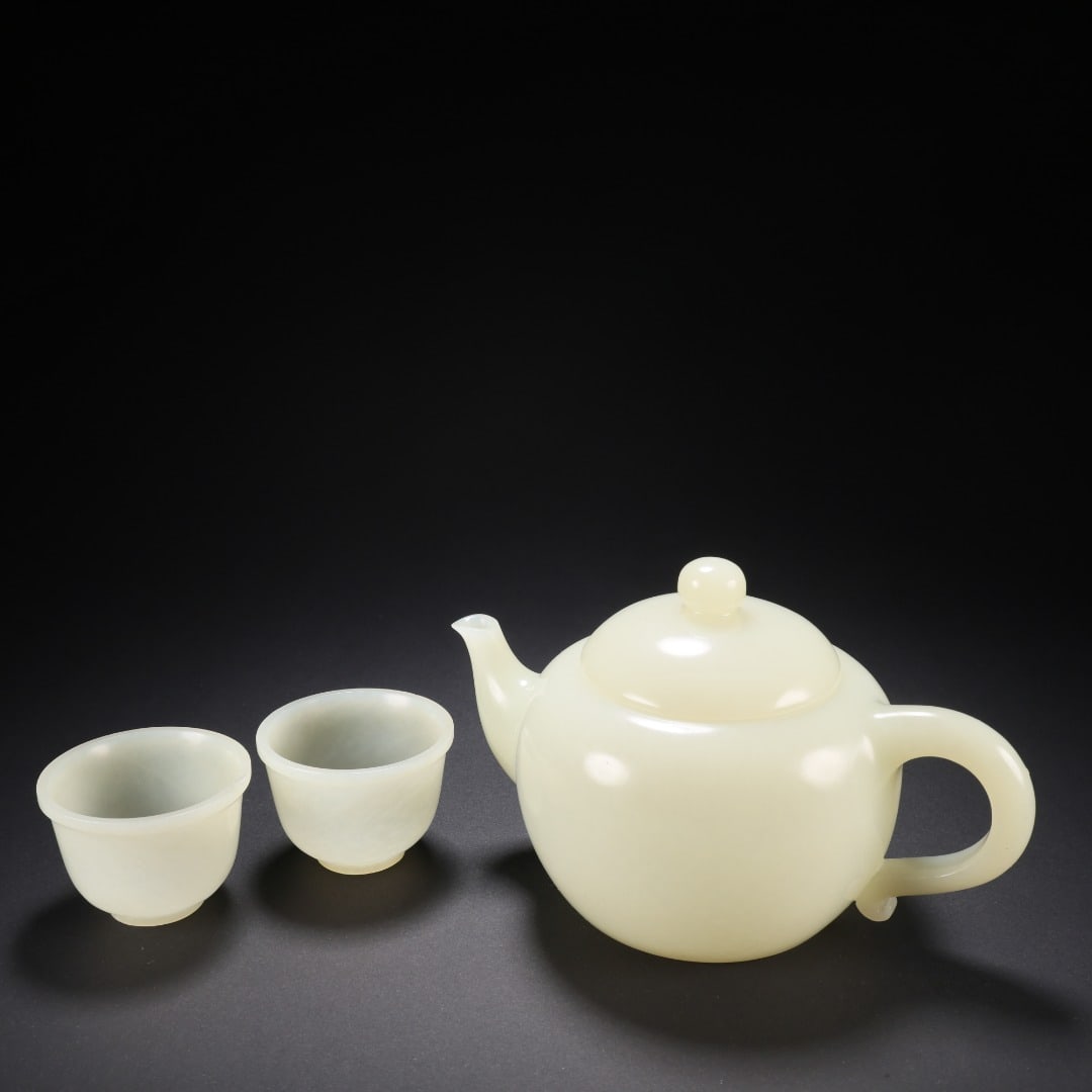Set of Plain Hetian Jade Pots: Plain Hetian Jade Pot Set, H8.7cm L14.8cm W9.3cm, Weight 239g