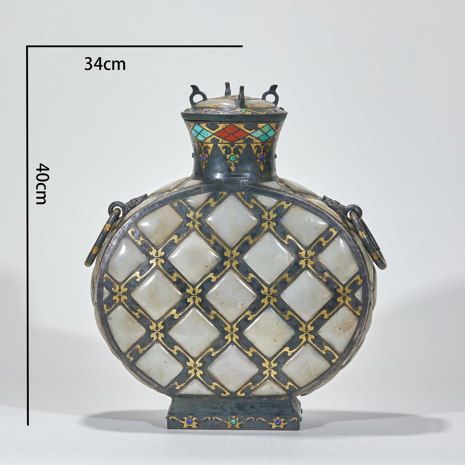 Pre-Ming Gold and Silver Inlaid Jade Flat Vase: Pre-Ming Gold-silver Jade-inlaid Flat Vase, H40cm L34cm W12cm, Weight 6124g