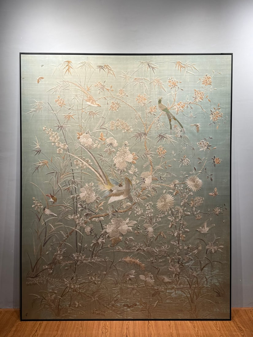 Late Qing Republic Large Light Blue-Ground Cantonese Flower & Bird Embroidery: Late Republican Pale Blue Floral Cantonese Embroidery, L228cm W180cm