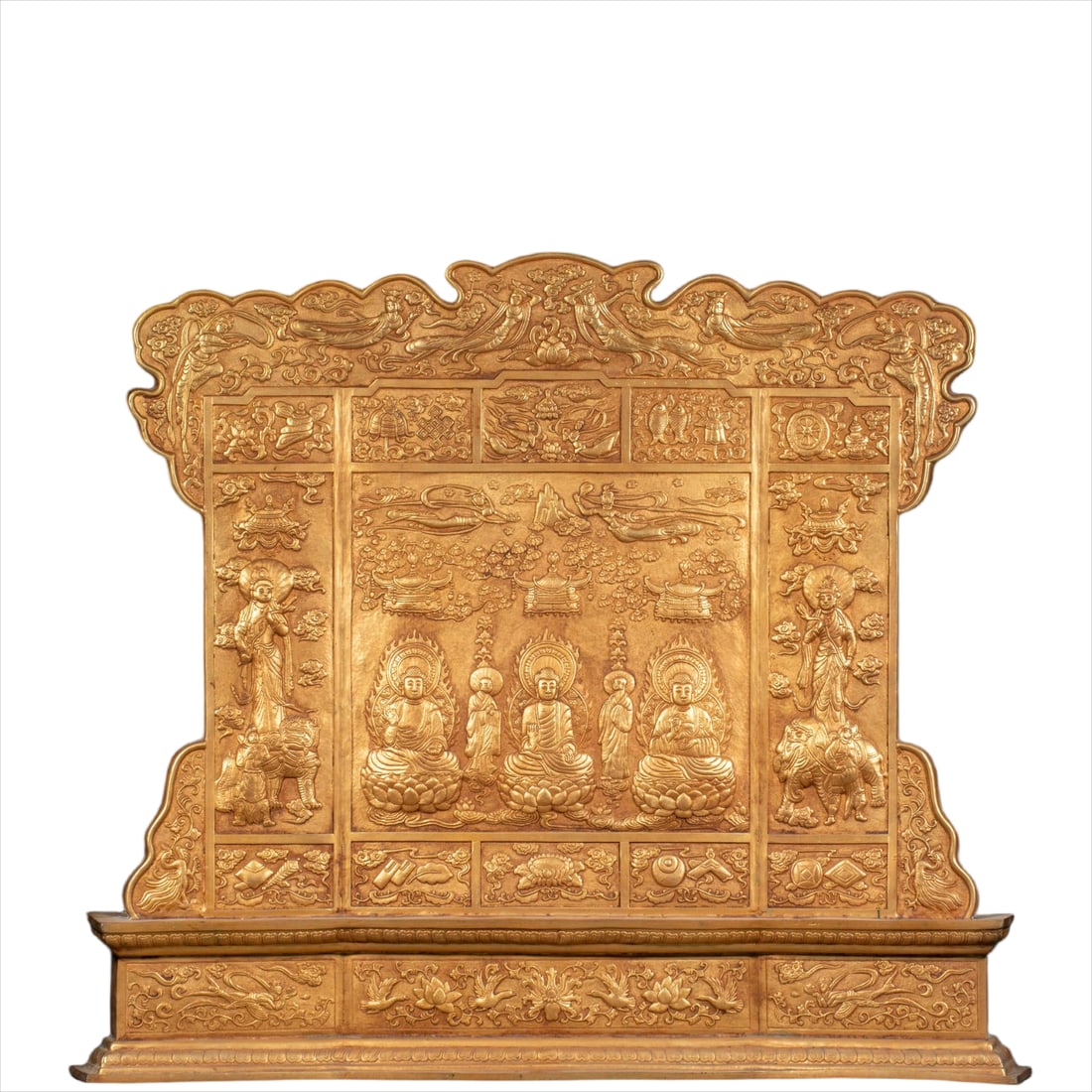 Qing Gilt Bronze Three-Buddha Screen: Gilt Three-buddha Screen, H66cm L75cm W8.5cm, Weight 13700g