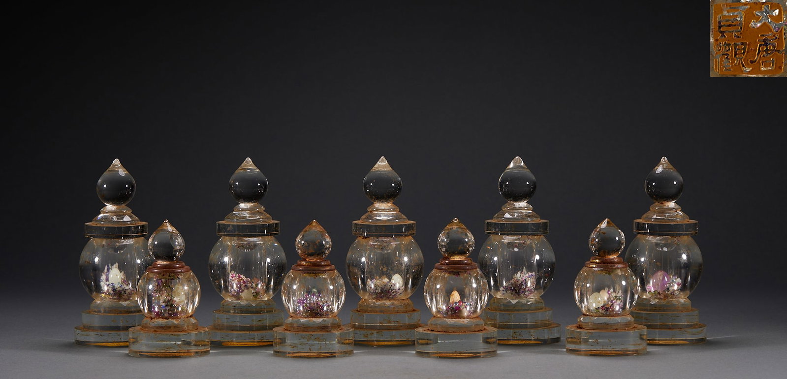 Set of Nine Crystal Sarira Stupas: Nine-piece Crystal Sarira Pagoda Set, H11.5cm D5.4cm, Weight 2140g