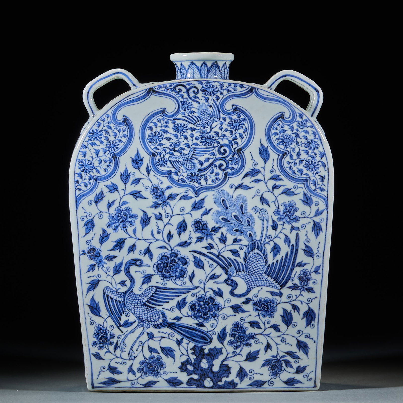 Blue and White Double Phoenix Four-Handle Flat Vase: Blue and White Twin-phoenix Four-handle Flat Vase, H39cm L30cm W11.5cm