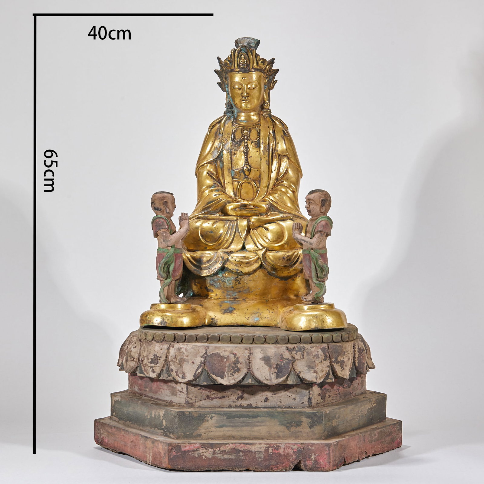 Pre-Ming Gilt Bronze Boy Worshipping Guanyin (Cypress Base): Pre-Ming Gilt Bronze Boy Worship Guanyin, Cypress Base, H65cm L40cm