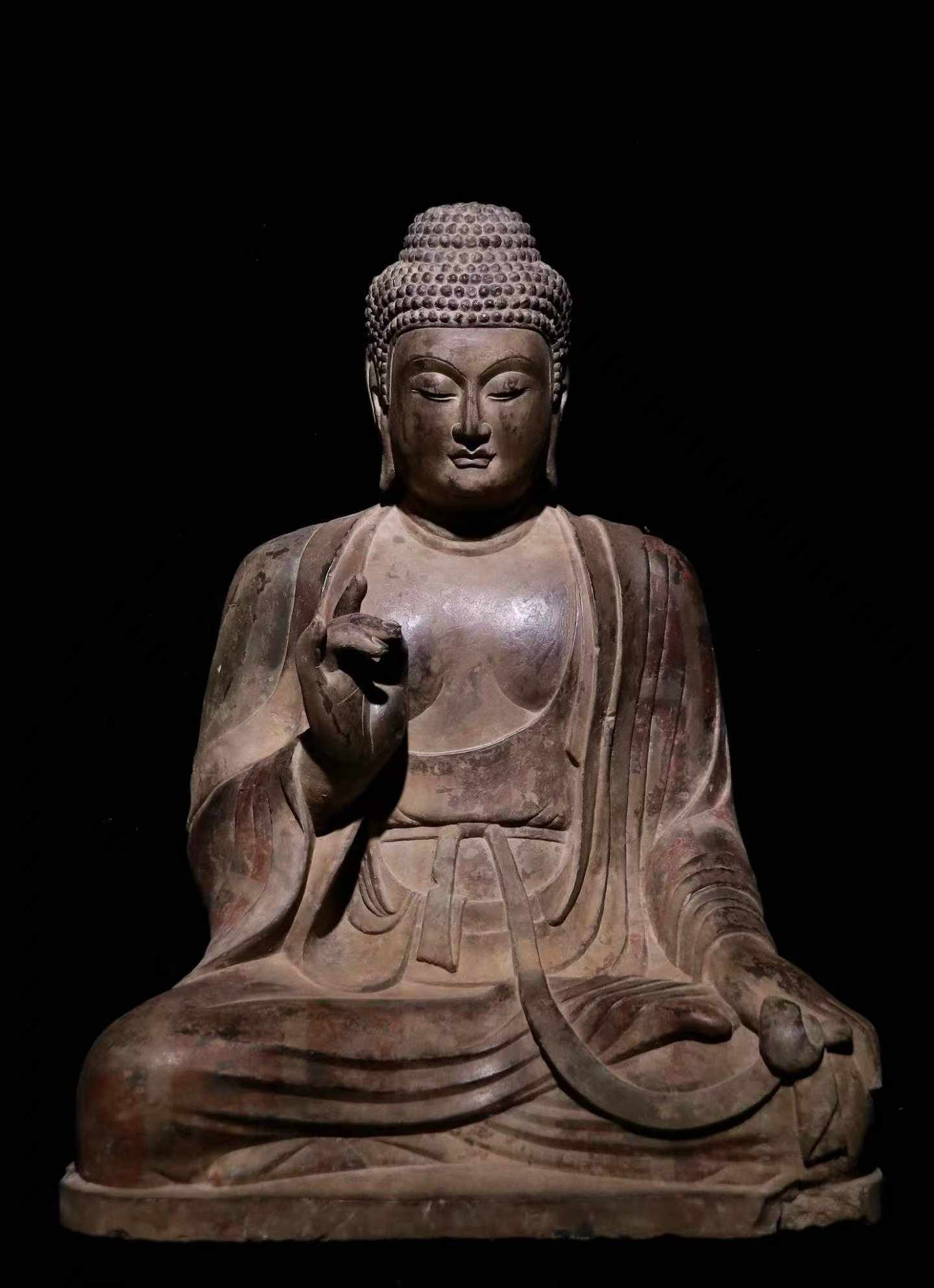Tang Bluestone Painted Seated Buddha: Tang Painted Bluestone Seated Buddha, H76cm L60cm W40cm