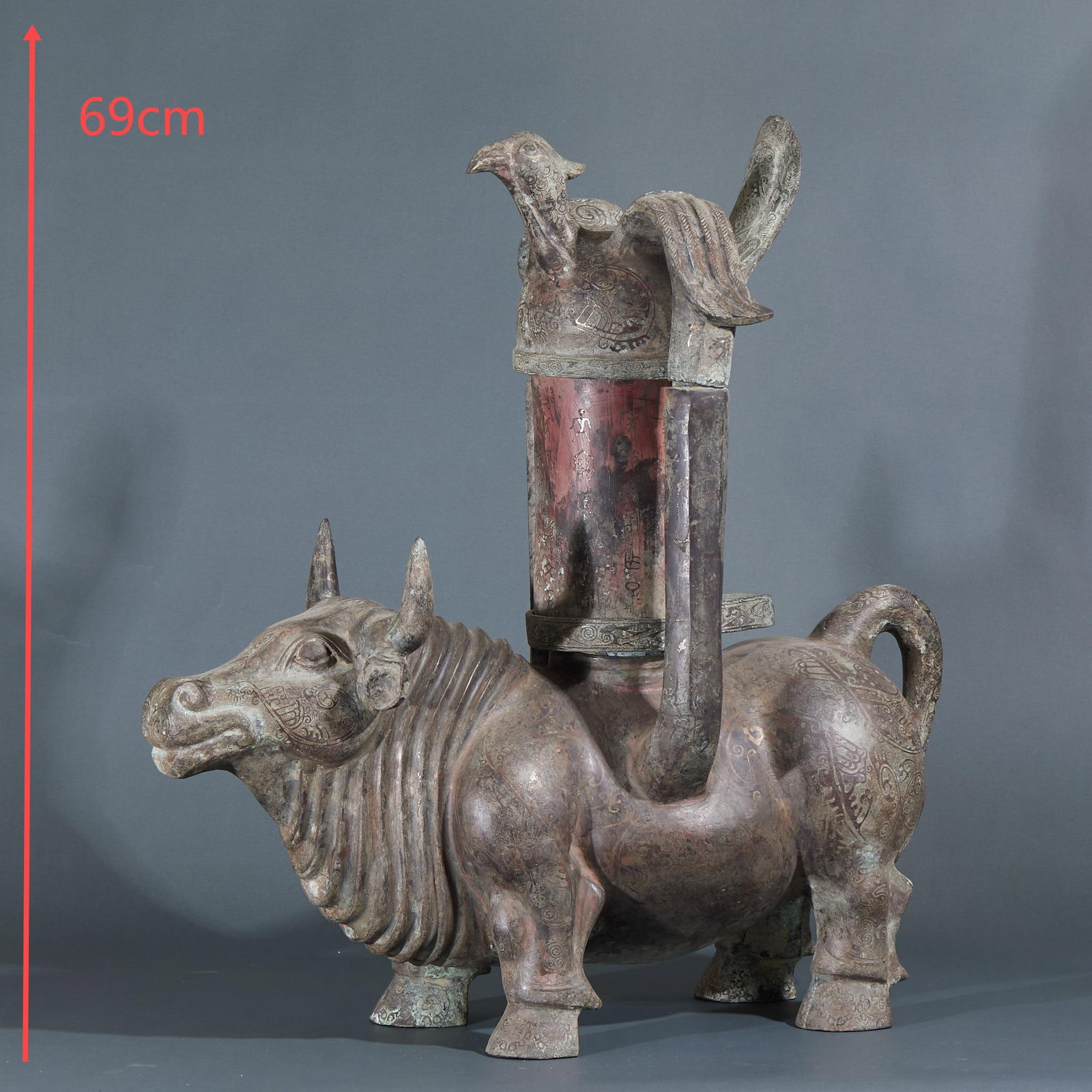 Pre-Ming Gold and Silver Inlaid Ox-Form Palace Lantern: Pre-Ming Gold-silver Inlaid Ox Palace Lantern, H68.5cm, L64.5cm, W31cm