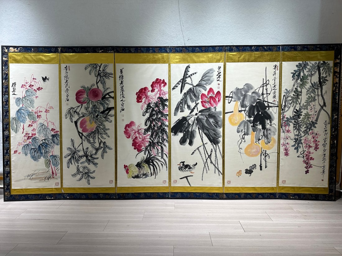 Qi Baishi Flower and Bird Six-Panel Screen: Qi Baishi Six-panel Flower-Bird Painting, L139cm, W58cm