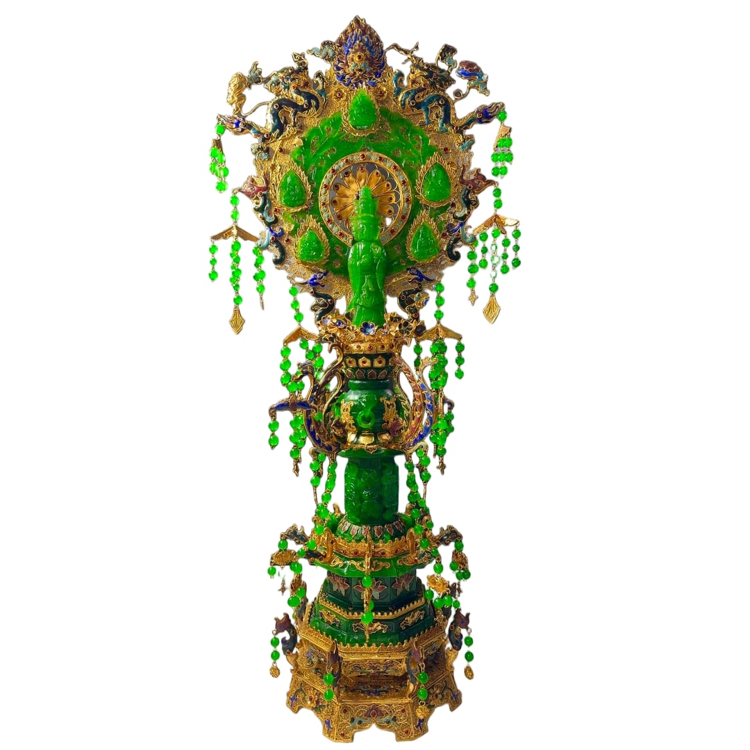 Gilt Wire Inlaid High-Ice Jadeite Jewel-Hand Bodhisattva: Gilt Filigree High-ice Jadeite Treasure Bodhisattva, H80cm, W40cm