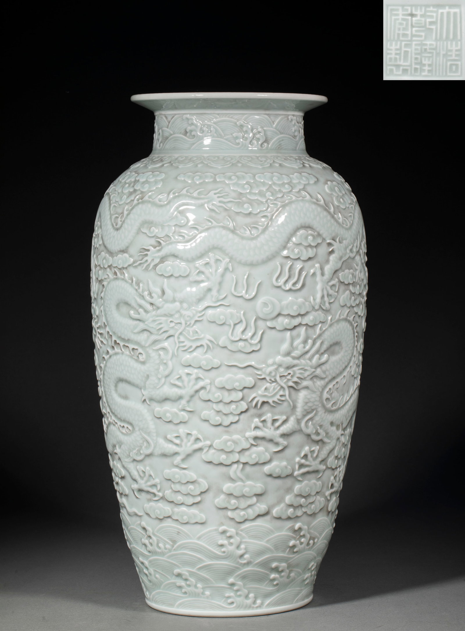 Qianlong Marked Shadowy Blue Glaze Dragon Pattern Tube Vase: Qianlong Shadow-blue Dragon Cylindrical Vase, H44cm, D20cm