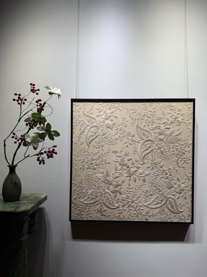 Late Qing White-Ground Flower and Bird Cantonese Embroidery: Late Qing White-ground Cantonese Embroidery, L69cm, W69cm