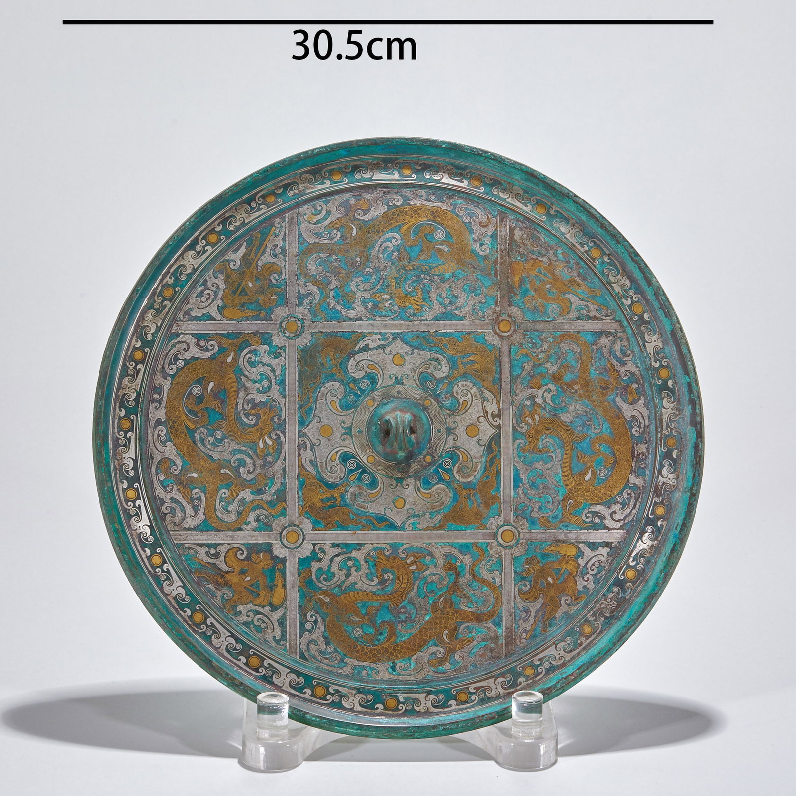 Pre-Ming Gold and Silver Inlaid Dragon Pattern Bronze Mirror: Pre-Ming Gold-silver Dragon Bronze Mirror, D30.5cm