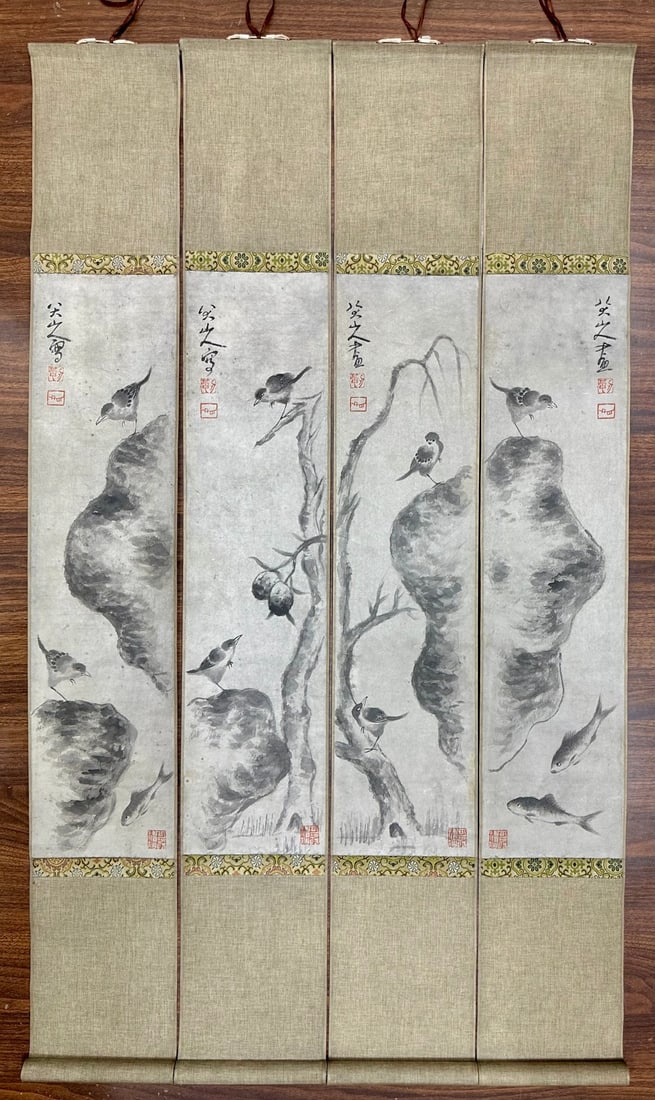 Bada Shanren Flower and Bird Scholar??s Four-Panel Screen: Four-panel Floral & Bird Painting, Bada Shanren. Core: 66×16cm each; Mounted: 117×68cm each