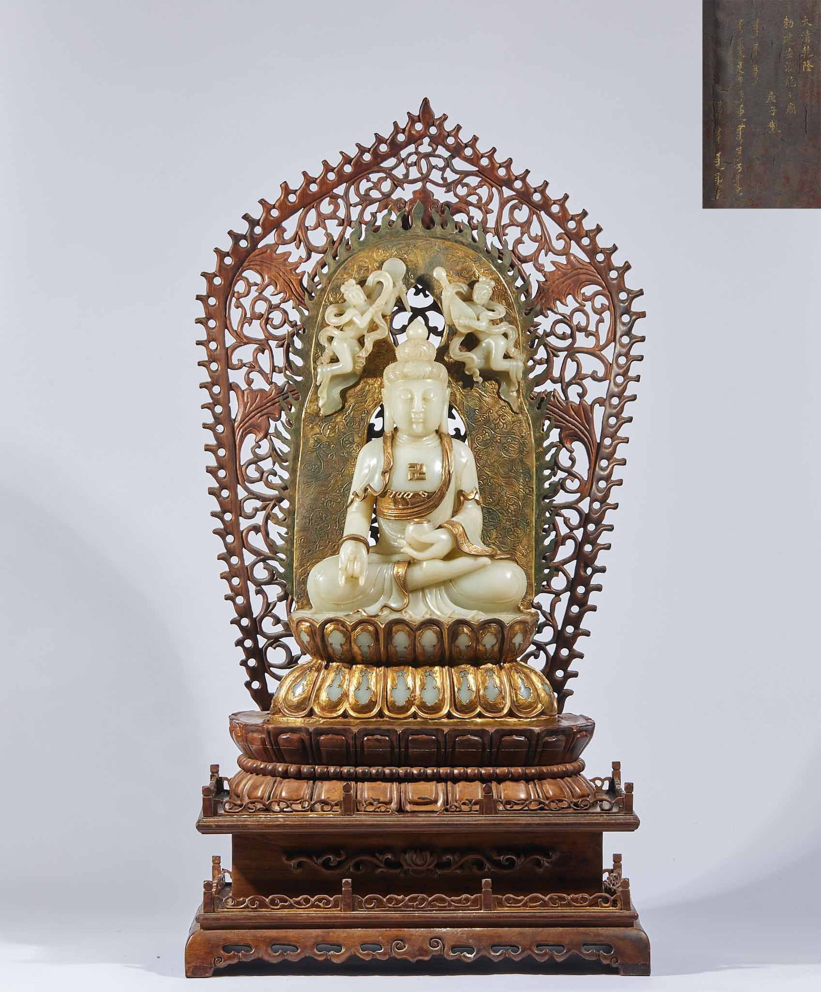 Gilt Silver Hetian Jade Haloed Sakyamuni Seated Buddha: Gilt Silver Sakyamuni Statue with Hetian Jade Halo, H54cm L29cm W9cm