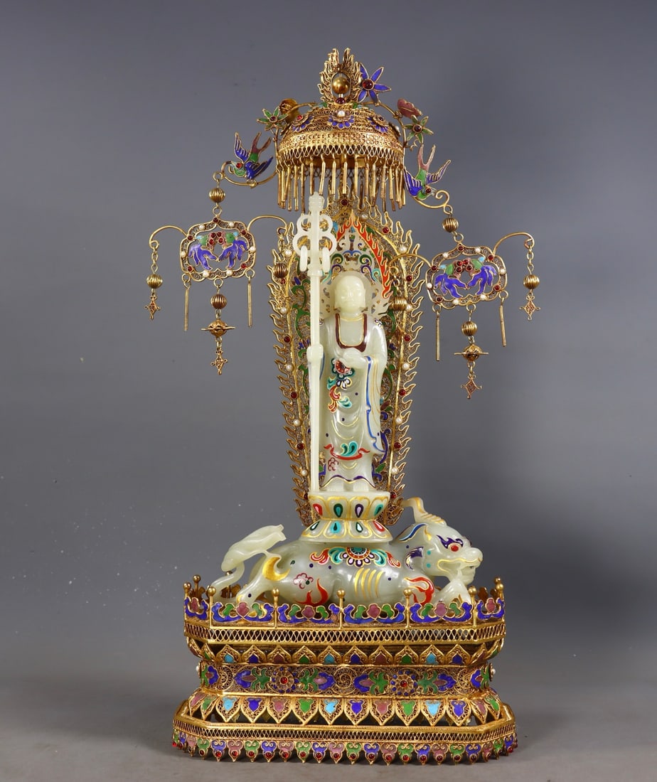 Qing Filigree Gilt Inlaid Hetian Jade Ksitigarbha Statue: Qing gilt filigree Hetian Jade Ksitigarbha statue, H45cm L22cm W10cm, 1920g