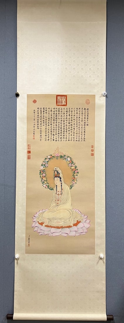 Ding Guanpeng Silk Guanyin: Ding Guanpeng Silk Guanyin Painting, L119cm W52cm
