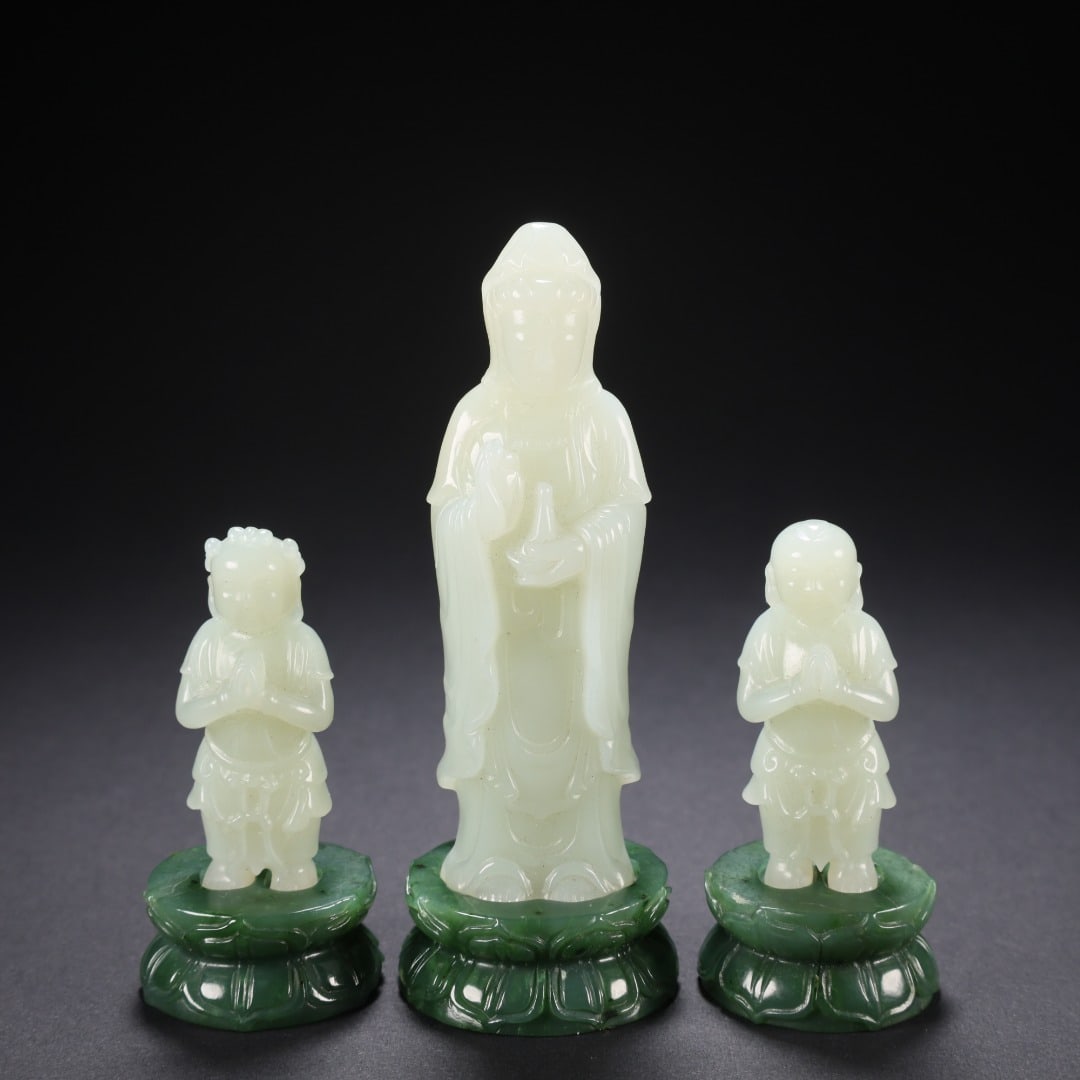 Double Boys Worshipping Guanyin on Hetian Jade Jasper Base: Hetian Jade Two Boys Worship Guanyin on Jasper Base, Total 155g