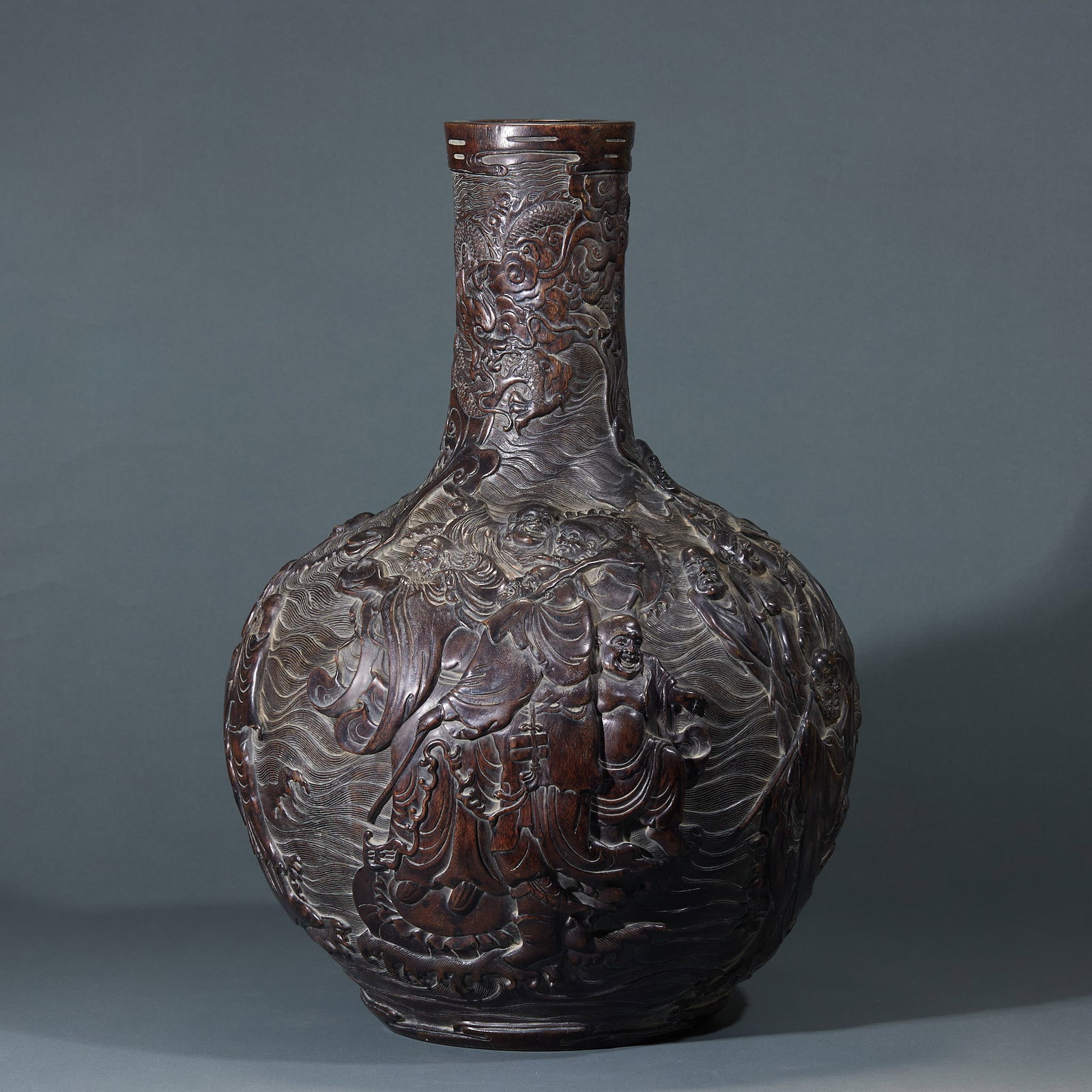 Agarwood Carved Eighteen Arhats Vase: Agarwood Vase Carved with Eighteen Arhats, H53cm D37cm