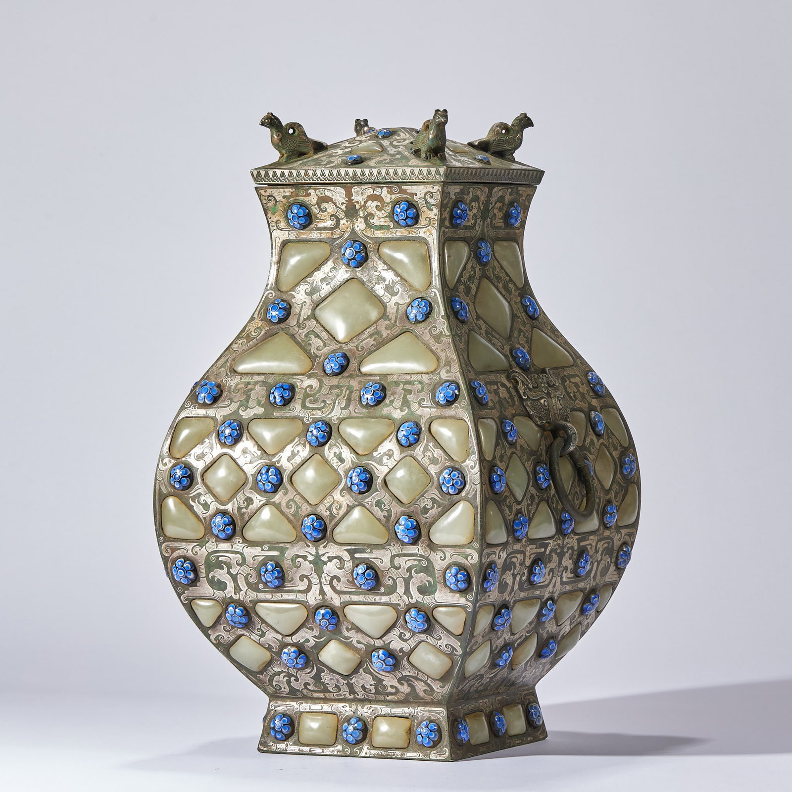Pre-Ming Silver-Inlaid Jade Square Vase: Pre-Ming Silver-jade Inlaid Square Vase, H35cm L21cm W20cm, 6442g