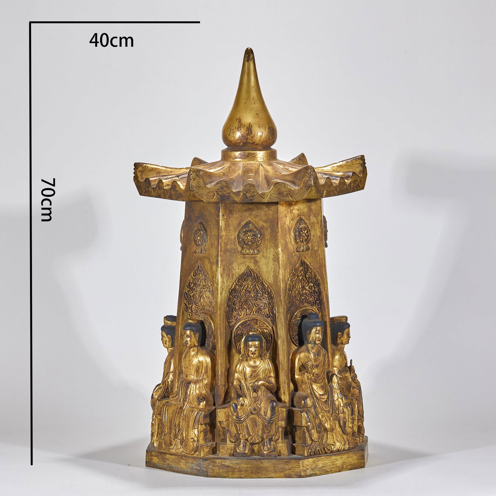 Gilt Bronze Sakyamuni Stupa: Gilt Bronze Buddha Pagoda, H70cm D40cm
