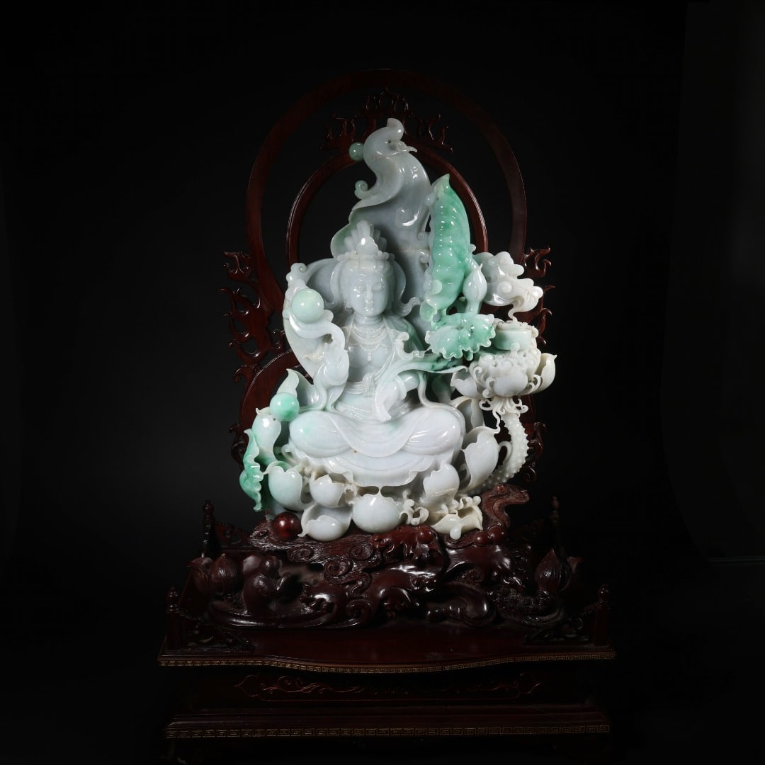 Jadeite Seated Guanyin with Lotus Ruyi on Wooden Base: Jadeite Guanyin Statue with Lotus Ruyi on Wooden Stand, H36cm L25cm W9cm, 7262g