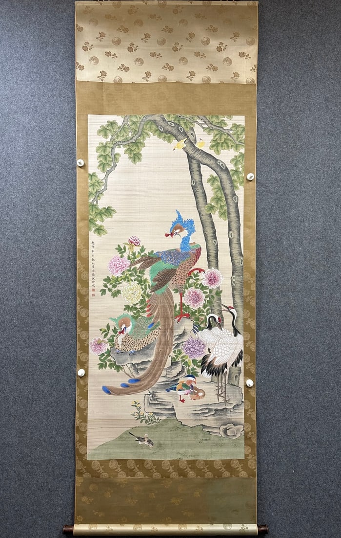 Shen Quan Silk Hanging Scroll Hundred Birds Pay Homage to Phoenix: Shen Quan Hundred Birds Worship Phoenix Silk Painting, L146cm W67cm