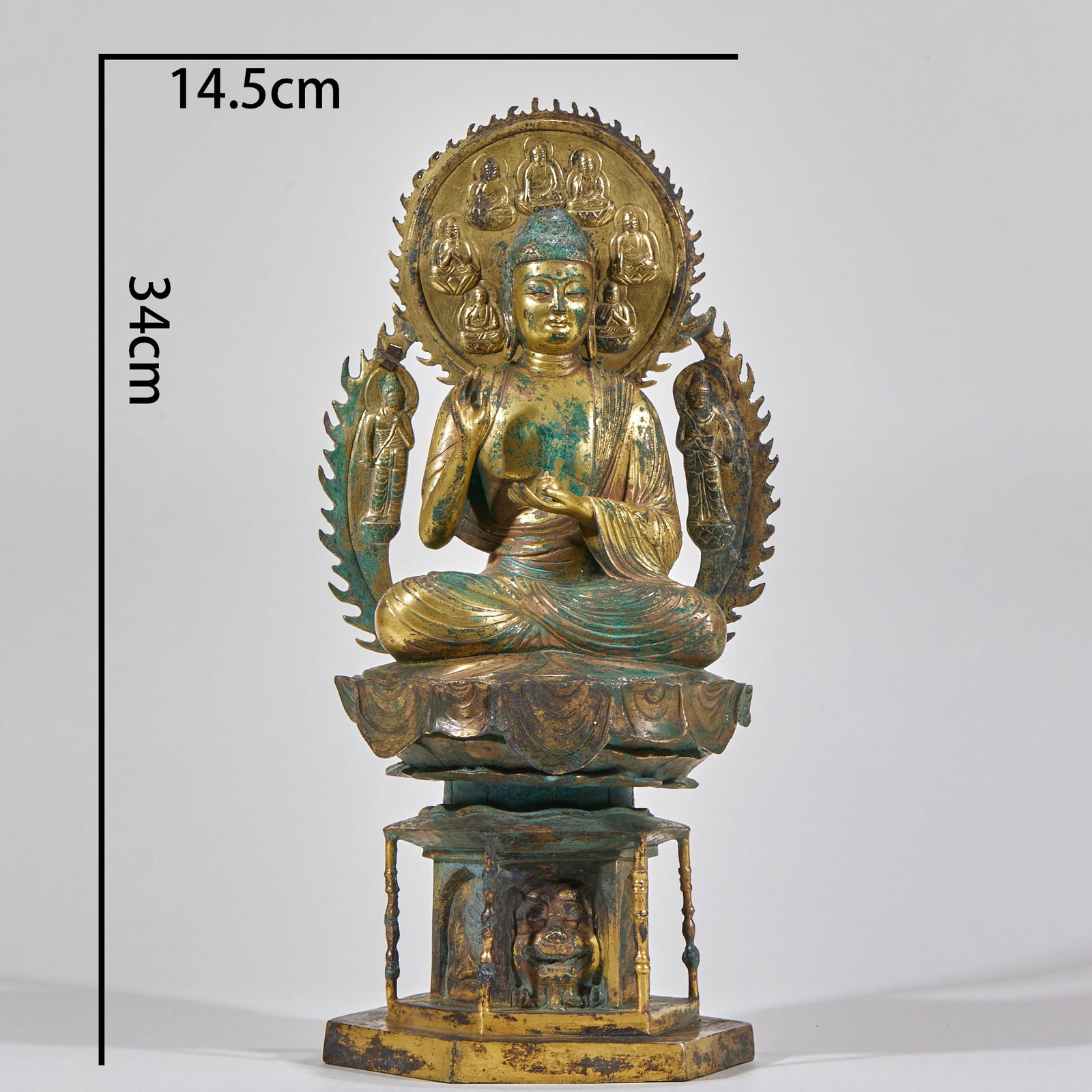 Tang Gilt Haloed Medicine Buddha: Tang Gilt Medicine Buddha with Halo, H34cm L14.5cm
