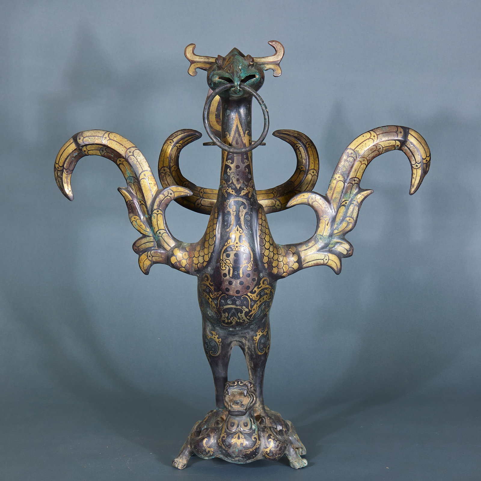 Pre-Ming Gold-silver Phoenix Ornament: Pre-Ming Gold-silver Inlaid Phoenix Ornament, H56cm L49cm W36cm