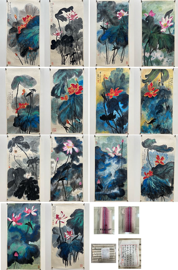 14 Zhang Daqian Splash-color Lotus Paintings with Letter: 14 Zhang Daqian Splashed-color Lotus Paintings with Letter, L98cm W45cm