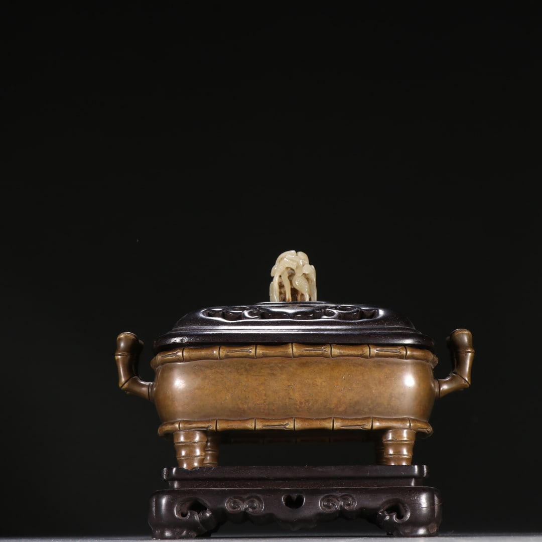 Ming Bamboo-pattern Upturned-ear Bronze Censer: Ming Bronze Bamboo Pattern Upright Ear Censer, H15.2cm W17.5cm, 1560g