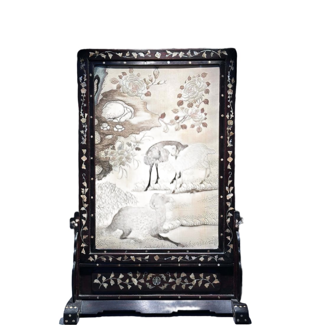 Late Qing Republican Shell-inlaid Embroidery Three Yang Auspiciousness: Late Qing Republic Mother-of-pearl Inlaid Embroidery Three Rams Blessing, H71cm