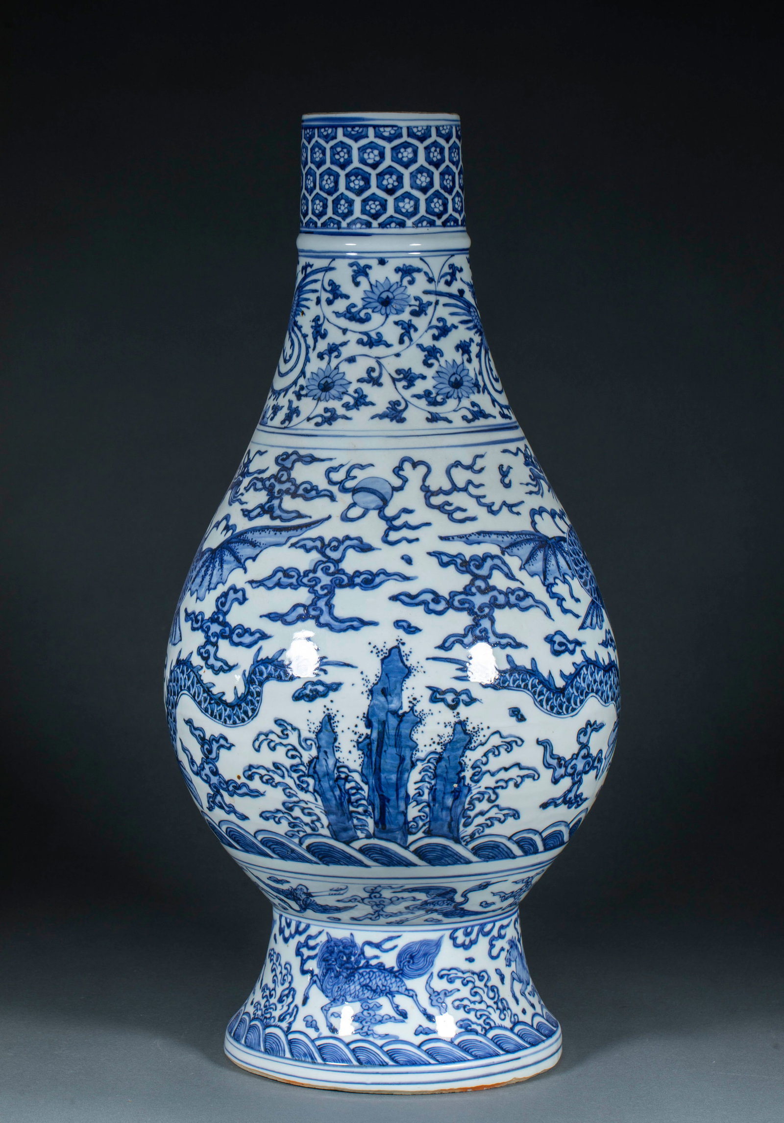 Ming Dragon Phoenix Auspicious Vase: Ming Blue & White Dragon Phoenix Vase, H60cm D27cm