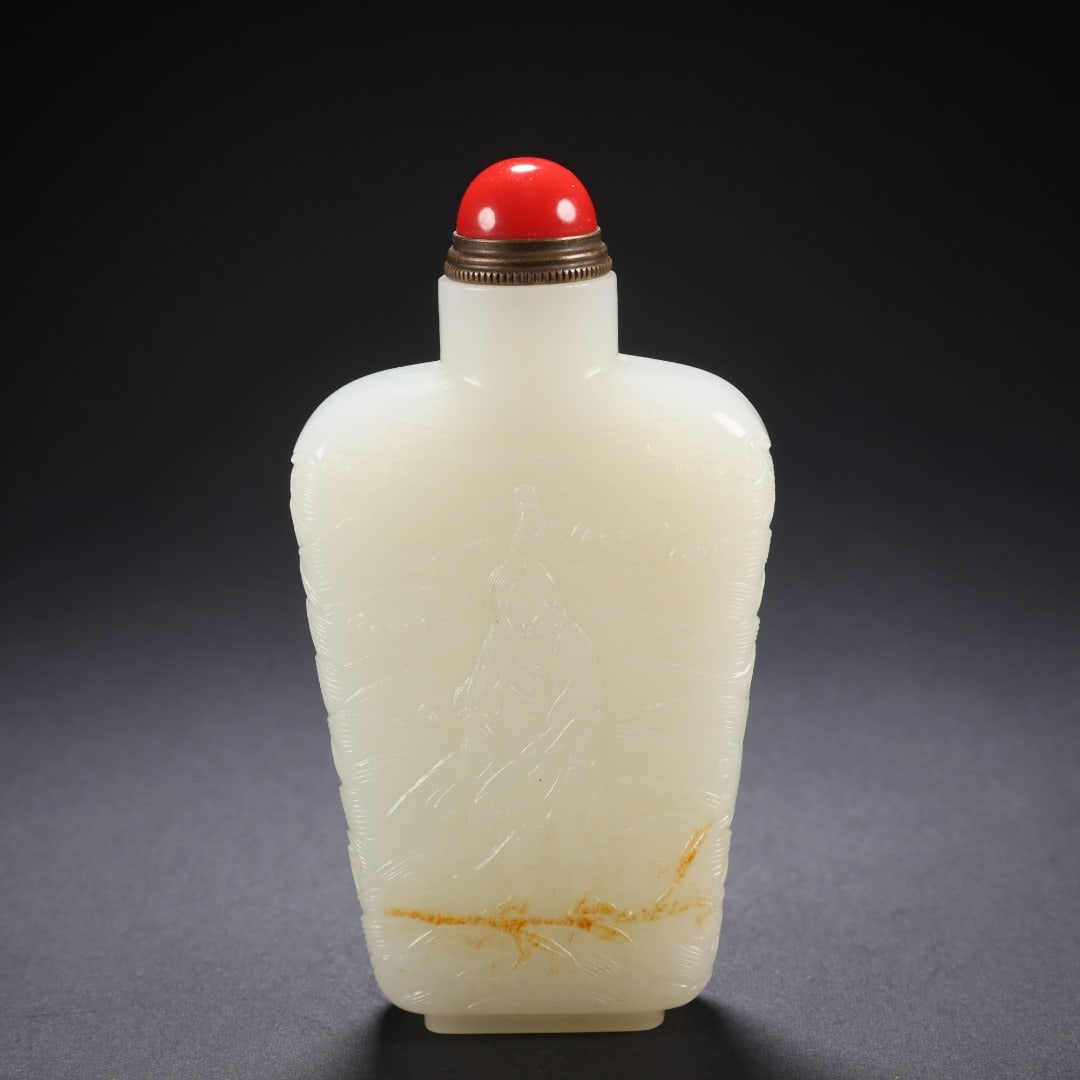 Hetian Jade Figural Snuff Bottle: Hetian Jade Figure Snuff Bottle, H10.7cm L5.5cm W2cm, 164g