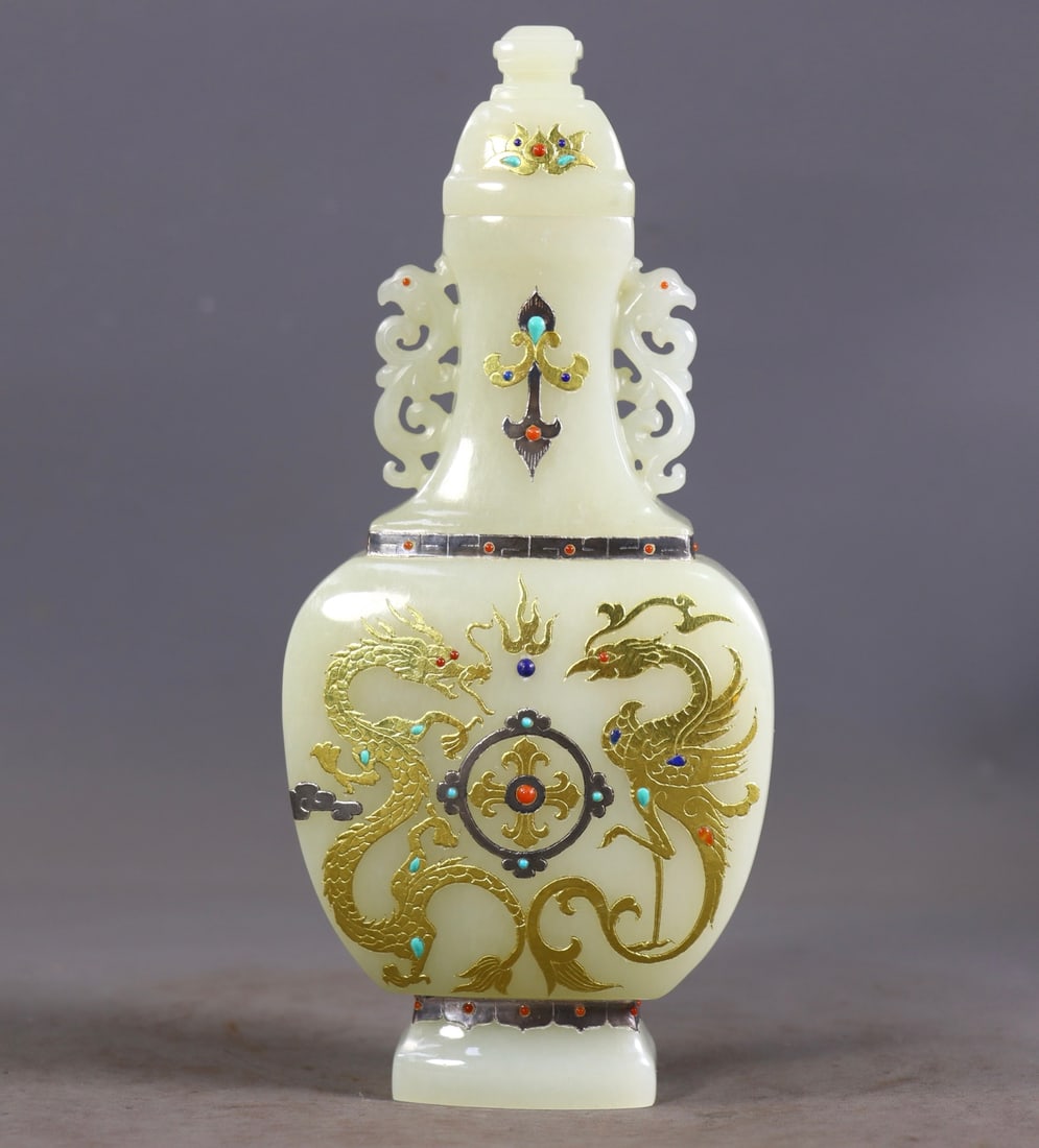 Hetian White Jade Gold-silver Gem-set Dragon Phoenix Vase: Hetian White Jade Gold-silver Gem Dragon Phoenix Vase, H18.5cm L8cm W4cm, 337g
