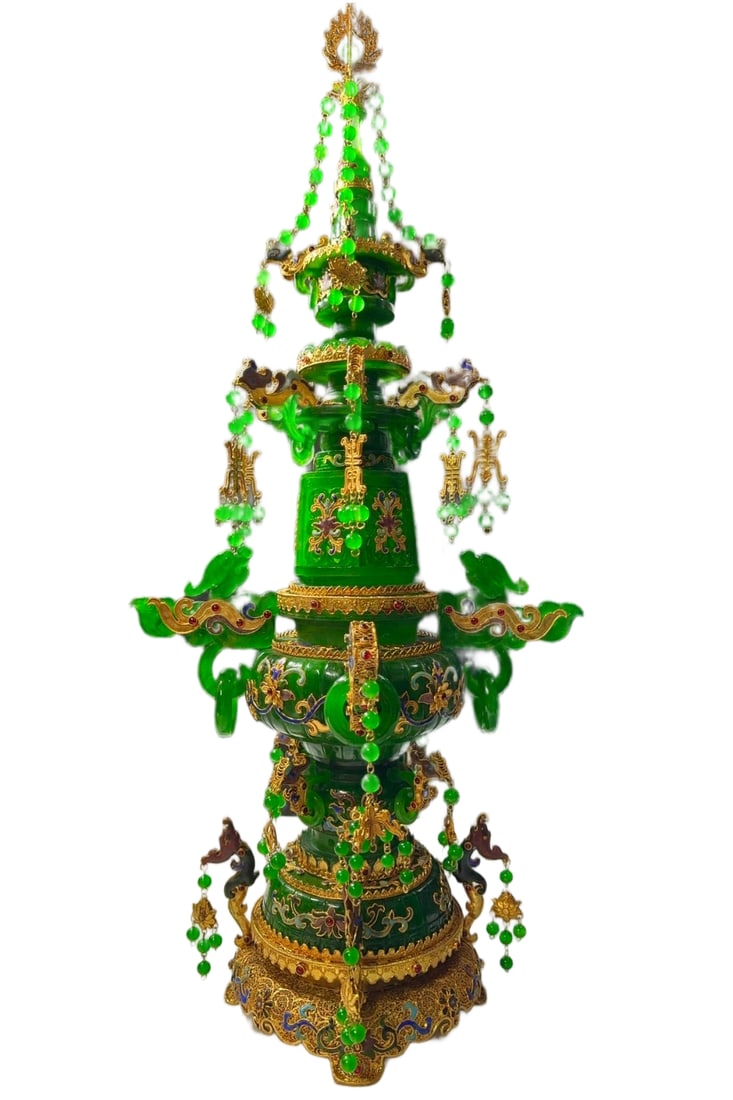 High-ice Jadeite Dragon-ear Gilt Wire Lidded Censer: Gilt Filigree Ice Jadeite Dragon-ear Censer, H73cm W35cm Thickness30cm