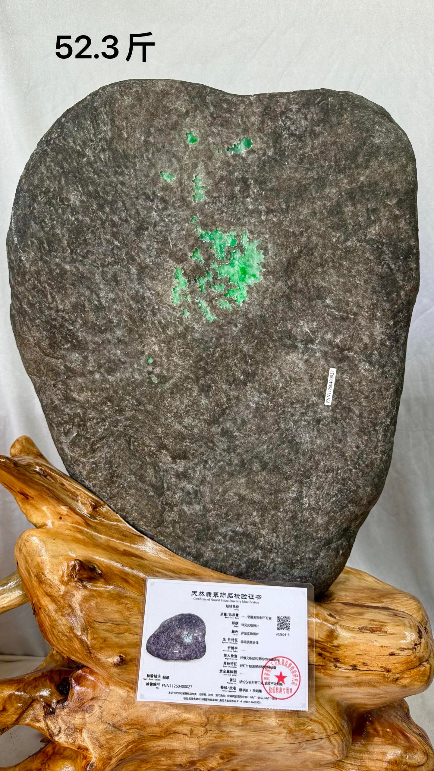 Grade A High-ice Emerald Jadeite Rough Stone, 52.3 Jin: High-ice Full Green Jadeite Rough Stone, 26150g, H42cm W35cm