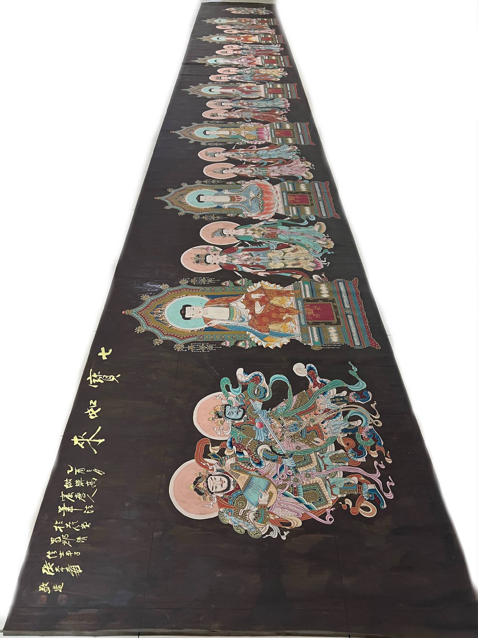 Zhang Daqian Silk Seven Buddha Paintings, Qingfu Temple Collection: Zhang Daqian Seven Tathagata Silk Painting, L1000cm H140cm