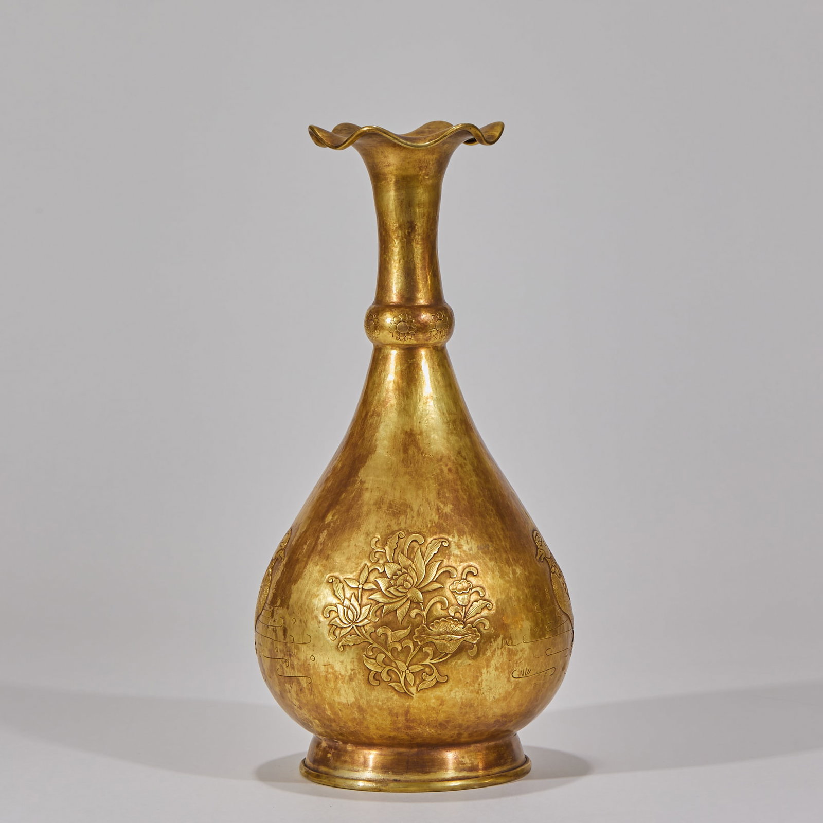 Pre-Ming Gold Kitan Character Mandarin Duck Flower-mouth Vase: Pre-Ming Gold Khitan Script Phoenix Vase, H31cm D12.5cm, 1607g