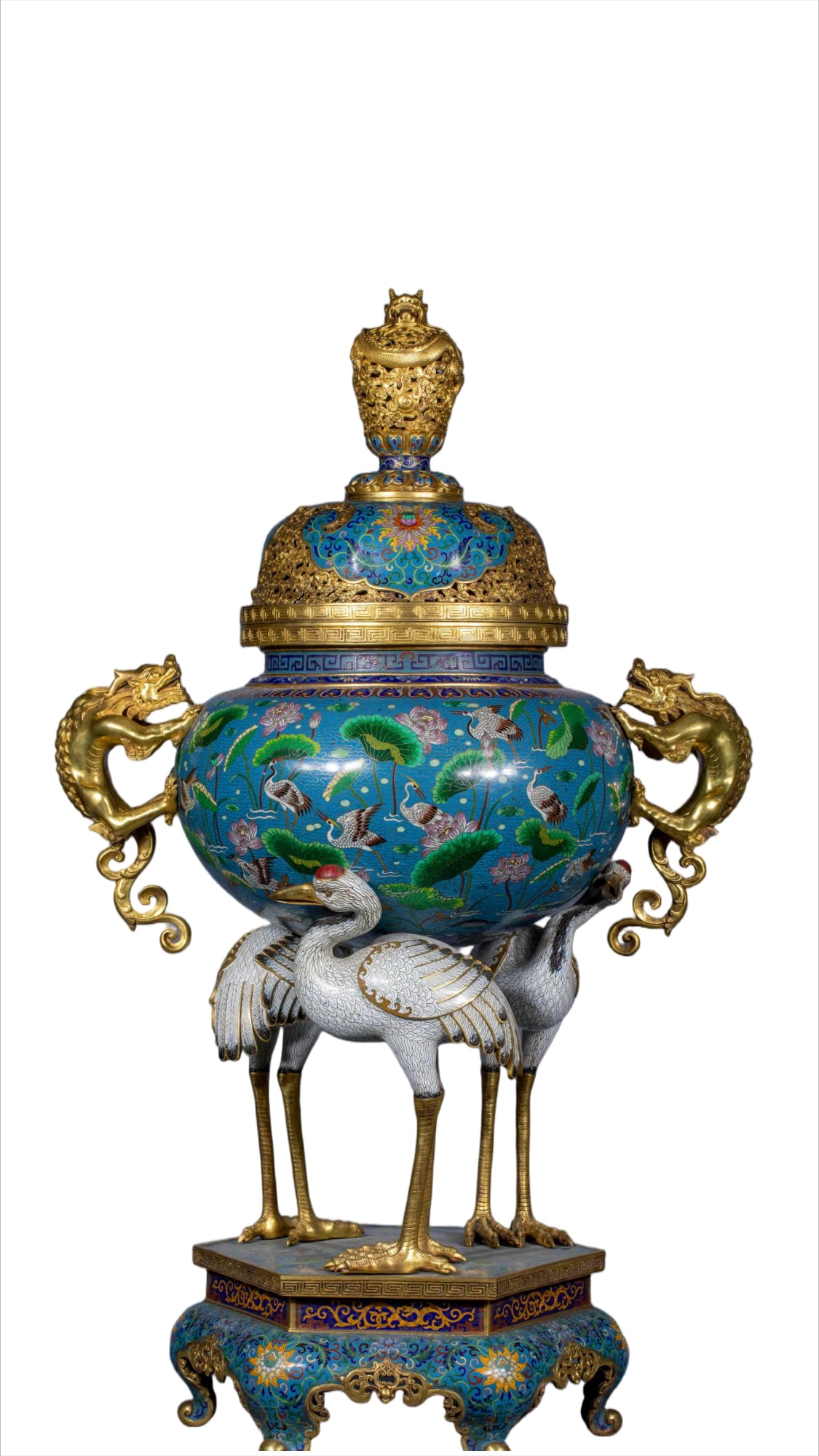 Qianlong Marked Cloisonne Three-Crane-Foot Dragon-Ear Censer: Qianlong Cloisonné Three-crane Dragon-ear Censer, H106cm L59cm W41cm
