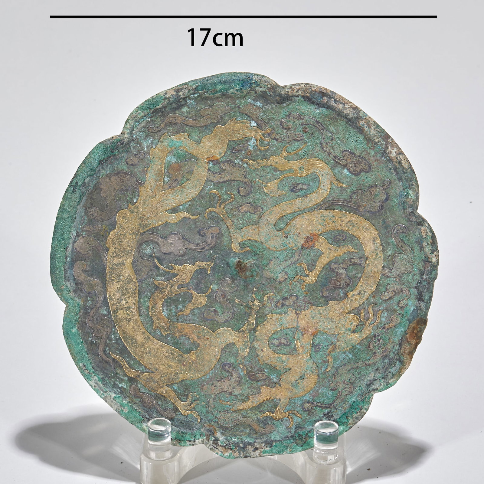 Pre-Ming Gold & Silver Inlaid Double Dragon Bronze Mirror: Pre-Ming Double-dragon Bronze Mirror, D17cm