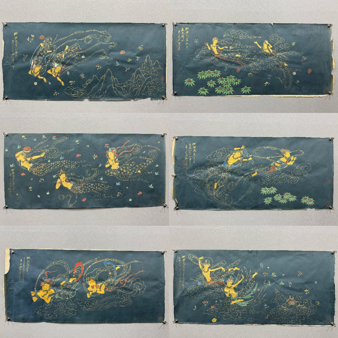 Zhang Daqian Paper Flying Apsaras, 6 Pieces: 6 Zhang Daqian Apsara Paintings, H132cm W60cm
