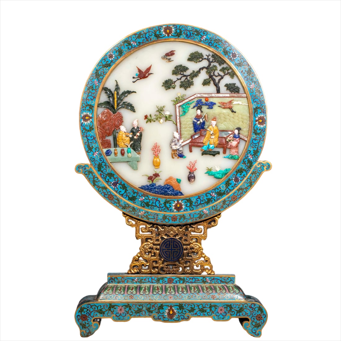Qianlong Marked Cloisonne Jade-Inlaid Figure Story Screen: Qianlong Cloisonné Jade Inlaid Story Screen, H58cm L36cm W10.5cm