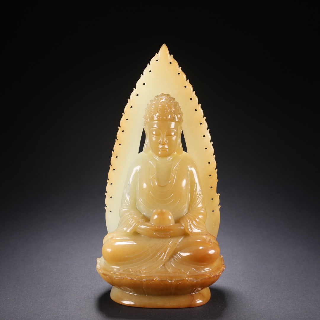 Hetian Jade Haloed Sakyamuni Seated Buddha: Hetian Jade Halo Sakyamuni, H18.2cm L9.6cm W6.3cm, 886g