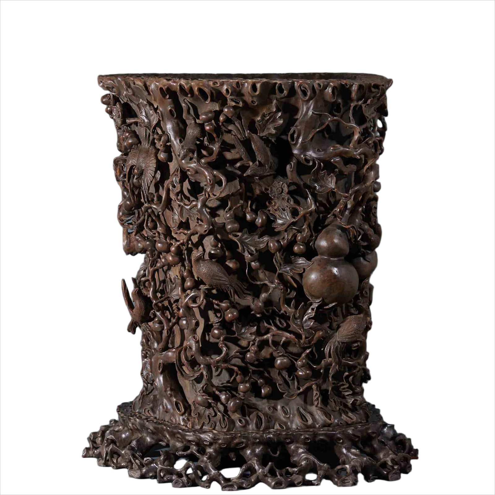 Agarwood Carved Fortune & Longevity Flower Brush Pot: Carved Agarwood Floral Brush Pot, H63cm L56cm W55cm