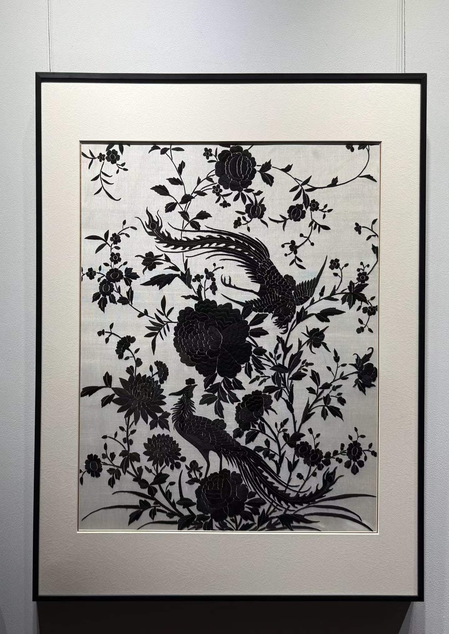 Late Qing Canton Embroidery Double Phoenix Auspiciousness: Late Qing Cantonese Embroidery Twin Phoenix, L90cm W67cm
