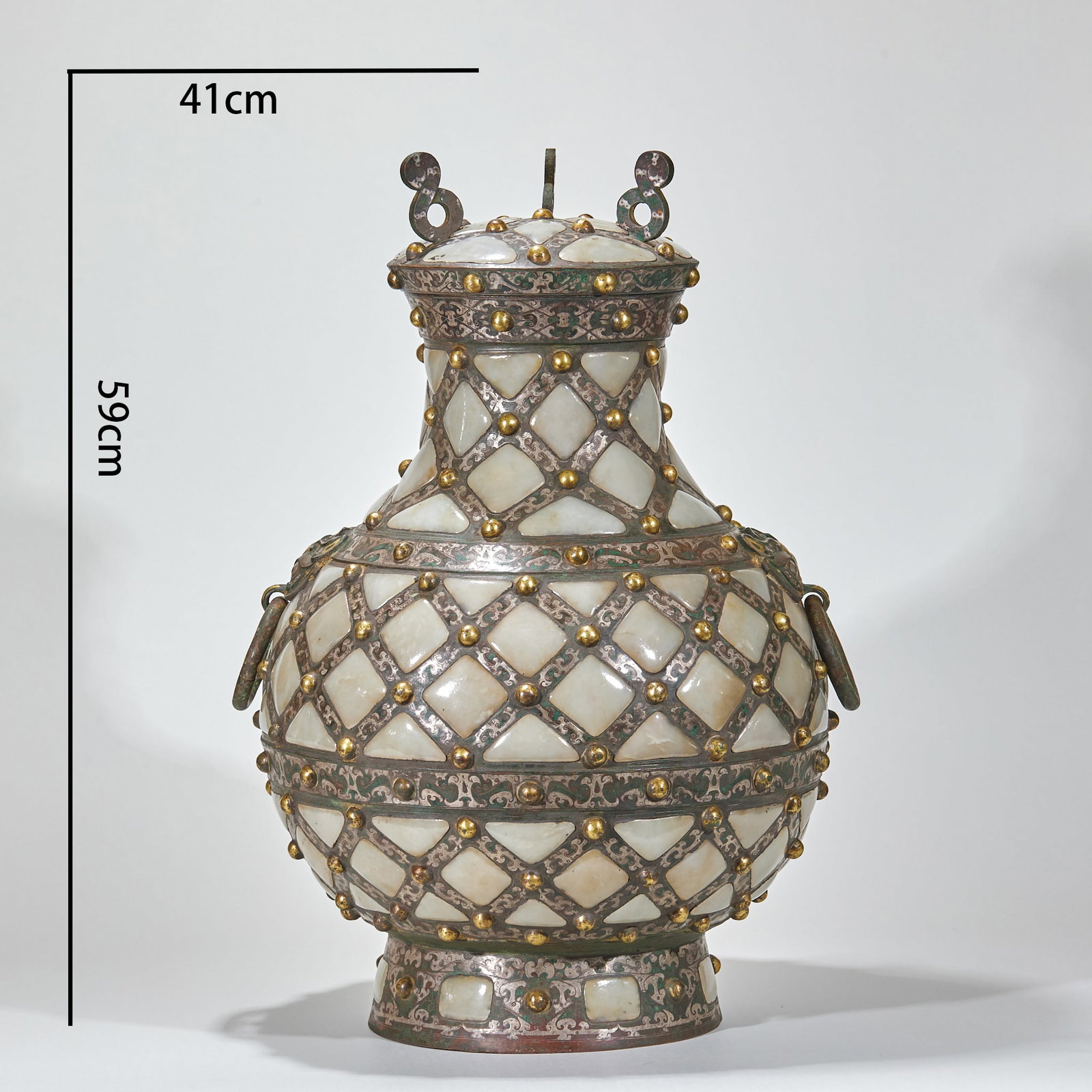 Pre-Ming Gold & Silver Inlaid Double Lion-Ear Vase: Pre-Ming Gold-silver Double-lion Ear Vase, H59cm Belly D41cm, 23250g
