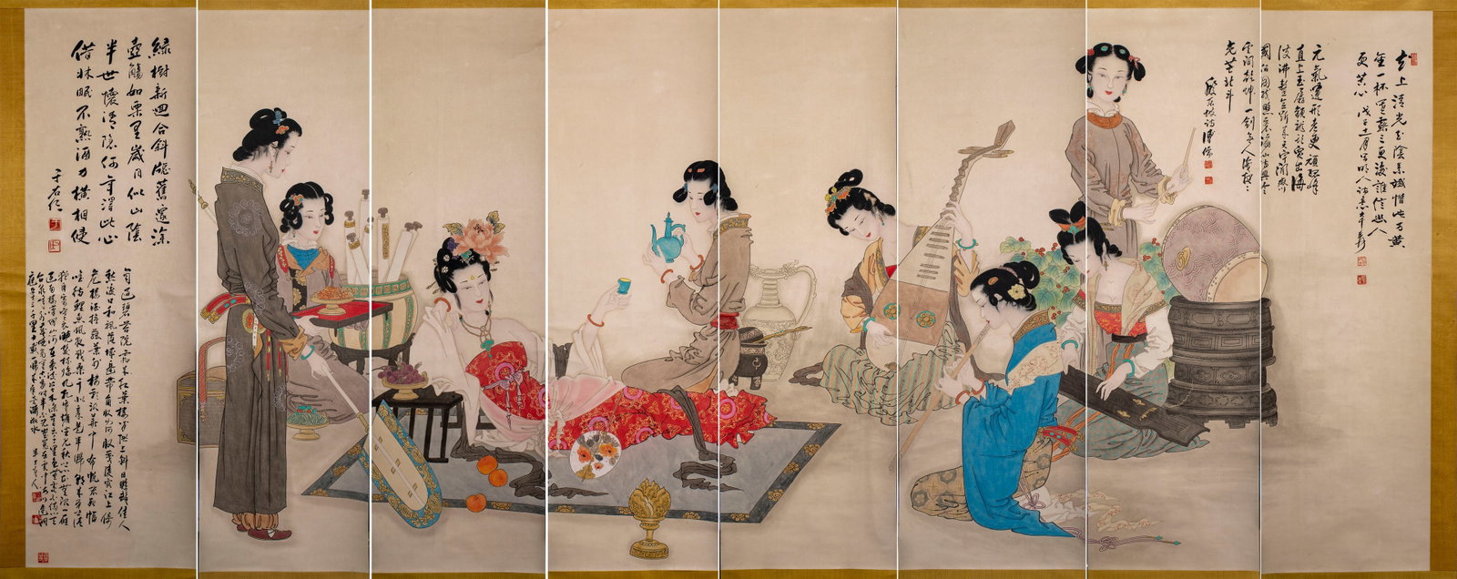 Zhang Daqian Beauty Eight-Panel Panoramic Screen: Zhang Daqian Eight-panel Beauty Painting, L142cm W43cm