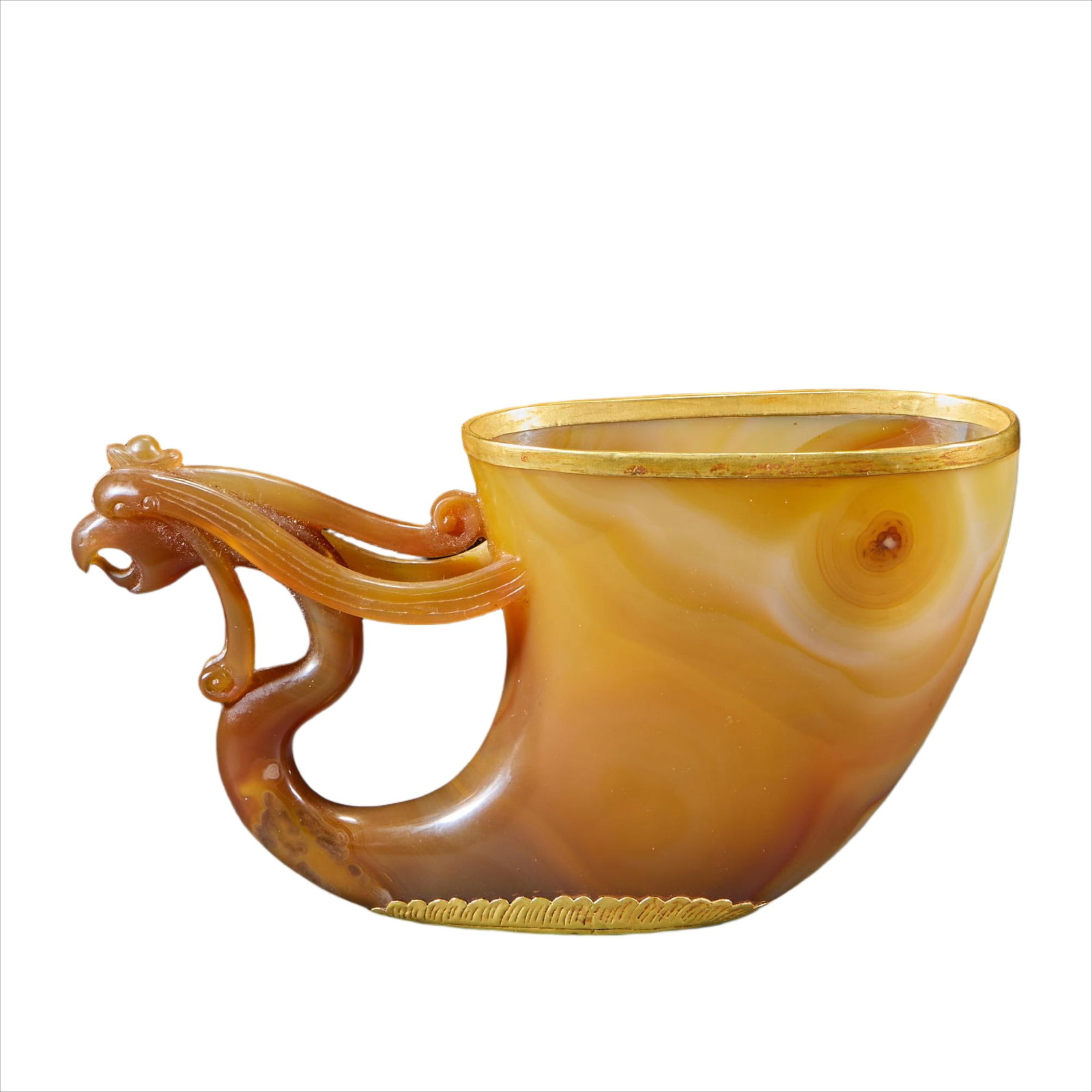 Liao-Jin Agate-Rimmed Phoenix-Head Cup: Liao Agate-rimmed Phoenix Cup, H10.5cm L19.5cm W6.4cm, 378g
