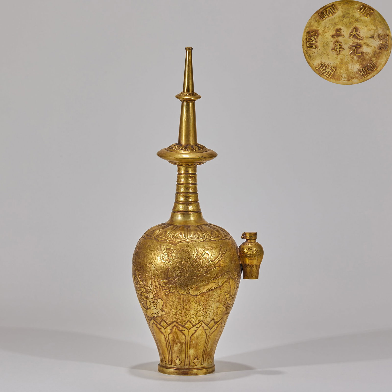 Dayuan 3rd Year Gold Flying Apsaras Holy Vase: Great Yuan Gold Apsara Vase, H51cm L20cm W15cm, 2576g